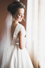 Gorgeous bride in robe posing and preparing for the wedding ceremony face in a room