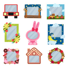 Collection of cute photo frames for boys and girls, album templates for kids with space for photo or text, card, picture frames vector Illustration on a white background