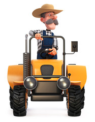 3d illustration the farmer rides on a big tractor