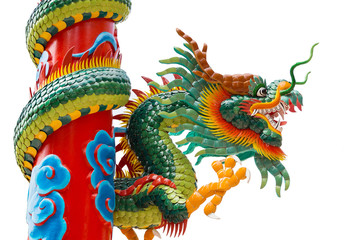 Fototapeta premium Beautiful colorful dragon statue isolated on white background