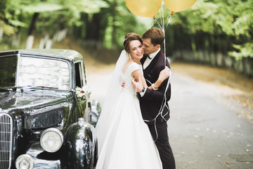 Beautiful newlywed couple posing near retro black car