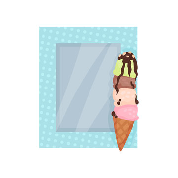 Cute photo frame with ice cream, album template for kids with space for photo or text, card, picture frame vector Illustration on a white background
