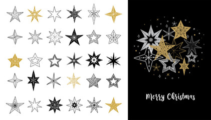 Collection of snowflakes, stars, Christmas decorations, hand drawn illustrations