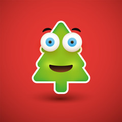 Smiling Emoji - Simple Christmas Tree Shaped Emoticon on Red Background - Vector Design