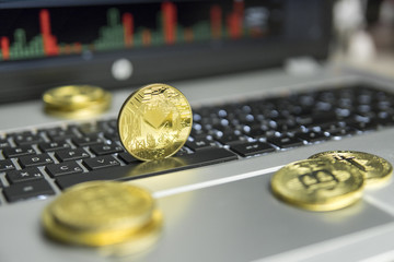 Golden Monero coin with gold coins lying around on a black keyboard of silver laptop and diagram chart graph on a screen as a background. Mining of Moneros online bussiness. Trading.