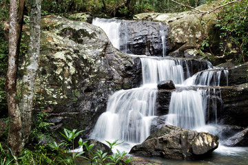 Mountain river background with small waterfalls in tropical forest.