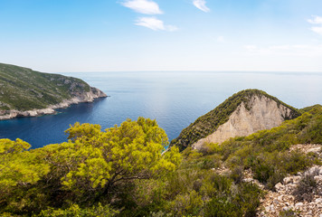 Naklejka premium Zakynthos island coast line with a rock near shipwreck beach.