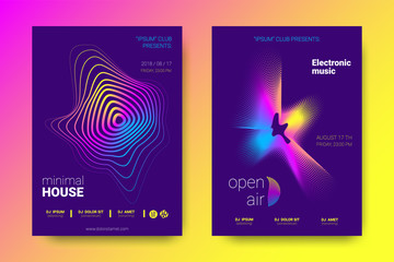 Music Posters with Equalizer and Wave Colorful Distorted Lines.