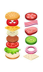 Burger with flying ingredients. Delicious snack for lunch. Tasty fast food. Cooking theme. Flat vector for cafe or restaurant menu