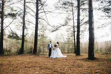 Happy bride and groom stand near the table, set for two in the woods.  Autumn. The concept of a romantic date