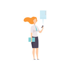 Businesswoman working with document using mobile phone app, successful business character at work vector Illustration on a white background