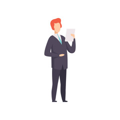 Businessman standing and reading paper document, successful business character at work vector Illustration on a white background