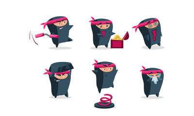 Flat vector set of funny ninja in different emotions: angry, happy, scared and sad. Cartoon character of cute warrior © topvectors