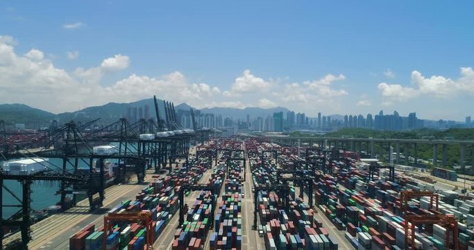 Containers in container park. Global transport network international supply chain commercial logistics industry