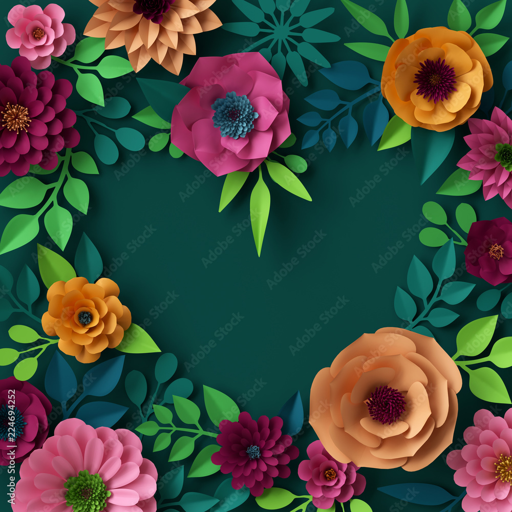 Wall mural 3d render, digital illustration, colorful paper flowers wallpaper, spring summer background