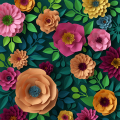 Fototapety  renderowania 3D, ilustracja cyfrowa, tapeta kolorowe papierowe kwiaty, tło wiosna lato