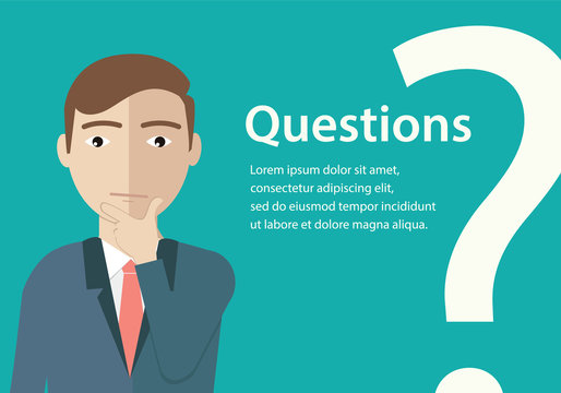 Man standing near big question symbol and she needs to ask help or advice via live chat, help desk or faq. Flat concept vector illustration of online support on blue background