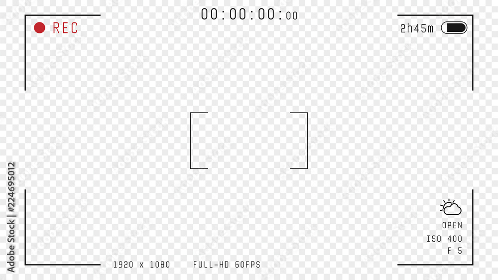 Poster video camera viewfinder overlay. 16:9 full hd format of frame with 60 fps template. camera frame vec