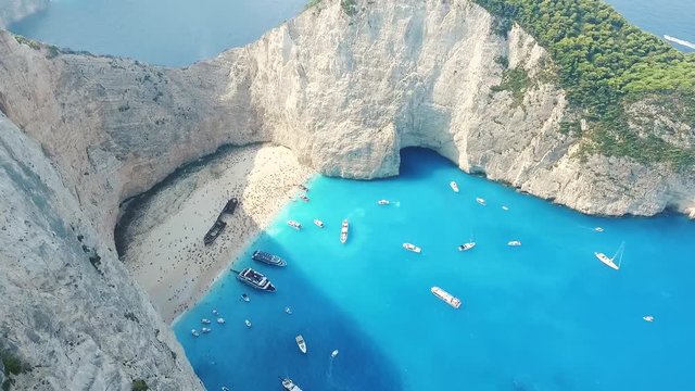 Drone shot of shipwreck beach in zakynthos. Flying over the beach from above.