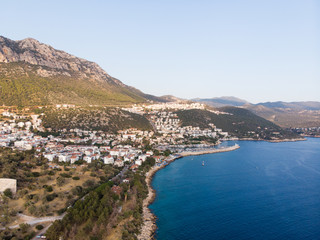 Fototapeta na wymiar Aerial Drone View of Kas is small fishing, diving, yachting and tourist town in district of Antalya Province, Turkey.