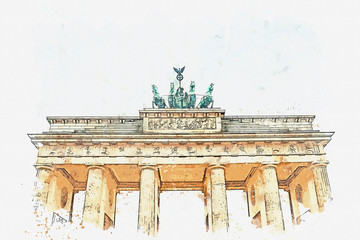 A watercolor sketch or illustration of the Brandenburg gate in Berlin, Germany. Architectural monument in historic center of Berlin. - obrazy, fototapety, plakaty