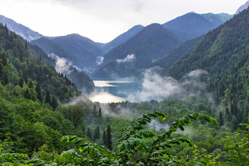 Lake in the mountains, surrounded by jungle.