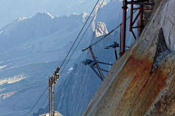 Aiguille du Midi, Chamonix, south-east France, Auvergne-Rhône-Alpes. Incoming cable car from Chamonix to the top of Aiguille du Midi.