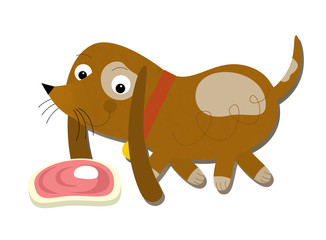 cartoon scene with colorful dog walking near its meal on white background - illustration for children