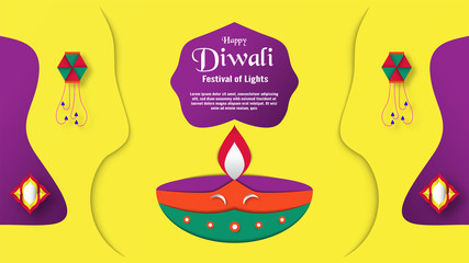 Diwali is festival of lights of Hindu for invitation background, web banner, advertisement. Vector illustration design in paper cut and craft style.