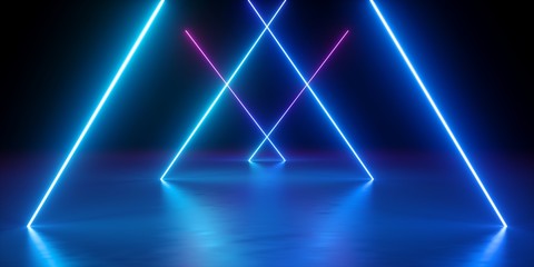 3d render, neon lights, abstract background, glowing lines, virtual reality, blue triangular arch, ultraviolet, infrared, spectrum vibrant colors, laser show - obrazy, fototapety, plakaty