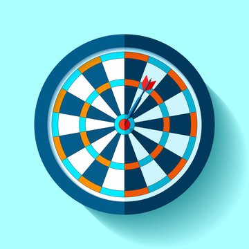 Volume Target icon in flat style on color background. Darts game. Arrow in the center aim. Vector design element for you business projects