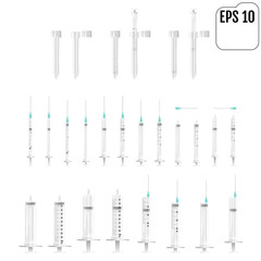 Medical syringe illustrations set. Realistic syringe collection isolated on white background. Syringes for medical drug injection, vaccine for care and treatment.