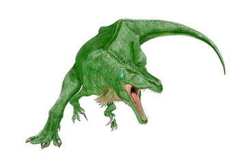 恐竜　アウストラロベナトル。オーストラリアの白亜紀後期の地層から発見された獣脚類、　アロサウルス科の中型肉食恐竜。敏捷で前肢には3本の鋭い鉤爪があった。全長は6メートル獲物を追いかけるイメージのイラスト。