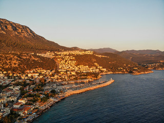 Aerial Drone View of Kas is small fishing, diving, yachting and tourist town in district of Antalya Province, Turkey.