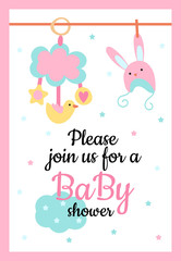 Vector Illustration. Design template card with hand lettering for baby shower. Cute funny bonnet and rattle with different childish elements. Poster for the kid's birthday.