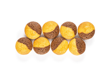 Group of eight whole fresh baked marble muffin flatlay isolated on white background