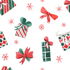The pattern with watercolors New Year's decorations, gifts and sweets.