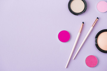 set of decorative cosmetics, top view, free space