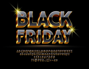 Vector Bright sign Black Friday. Chic alphabet letters, numbers, symbols. 3D Black and Golden Font.