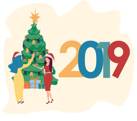 Woman decorating christmas tree. Happy characters preparing for new year celebration. Gift boxes. Merry Christmas. Corporate party. Vector illustration in flat cartoon style.