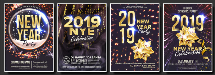 2019 Party Flyer Poster Set Vector. Night Club Celebration. Musical Concert Banner. Happy New Year. Celebration Template. Winter Background. Christmas Disco Light. Design Illustration