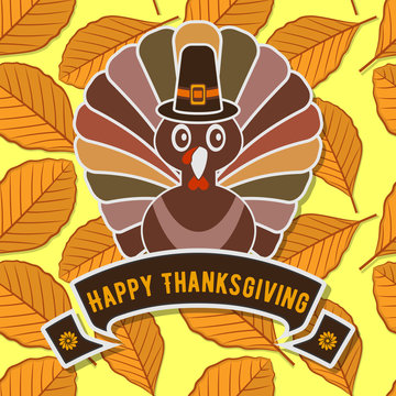 Happy Thanksgiving Celebration Design with turkey and autumn leaves. Vector Illustration