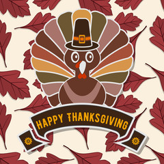 Happy Thanksgiving Celebration Design with turkey and autumn leaves. Vector Illustration
