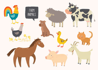 Set of cute farm animals. Horse, cow, sheep, pig, duck, hen, goat, dog, cat, cock. Cartoon vector hand drawn eps 10 childrens illustration isolated on white background.
