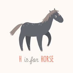 Cartoon black horse. H is for Horse. Cartoon vector hand drawn eps 10 childrens illustration isolated on white background.