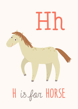H letter tracing. Horse. Cute children farm alphabet flash card. Funny cartoon animal. Kids abc education. Learning English vocabulary. Vector illustration.