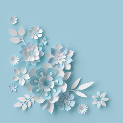 Fototapeta na wymiar 3d render, abstract white paper flowers, pastel blue background, floral corner decor