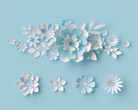 3d render, abstract white paper flowers, bridal bouquet, pastel floral background, decorative design elements isolated on blue