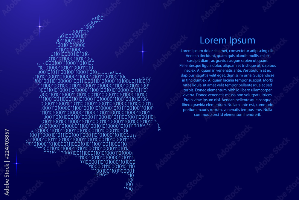 Fototapete Colombia map abstract schematic from blue ones and zeros binary digital code with space stars for banner, poster, greeting card. Vector illustration.