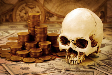 Capitalism concept : Skull on bank note, coin stack and vintage map background.